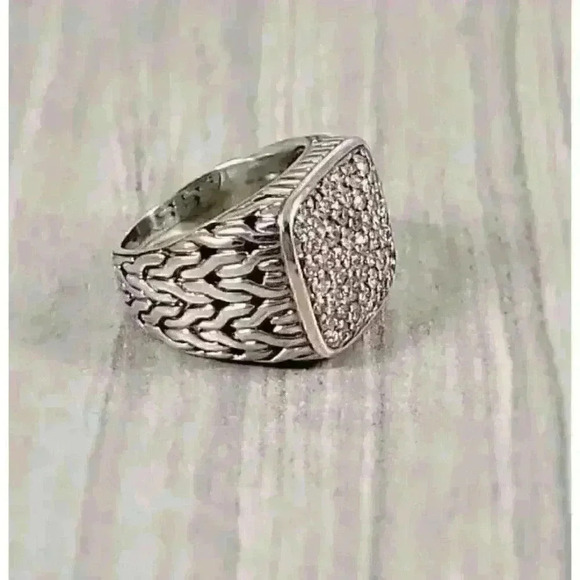 John Hardy Sterling Silver Classic Chain Signet Ring with Diamonds Size 8.75 - Picture 3 of 13